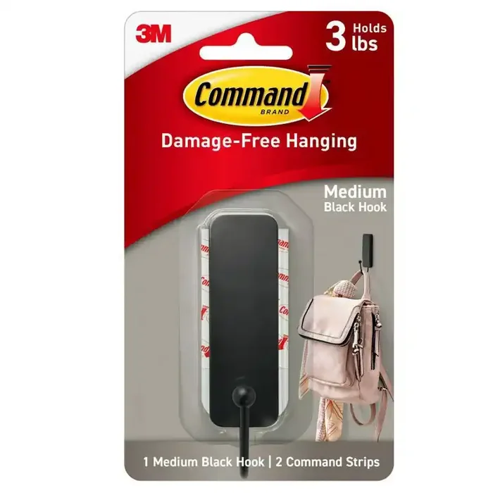 Command Medium Sized Decorative Hook Black Plastic Painted Hook with Command Strips, 3 lb Capacity, 1 Pack