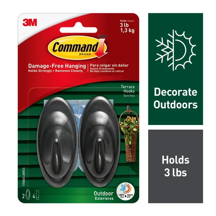Command Medium Sized Outdoor Terrace Decorative Hooks with Foam Strips Black