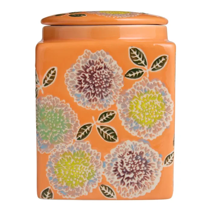 Coral Wax Resist Ceramic Floral Tea Storage Canister