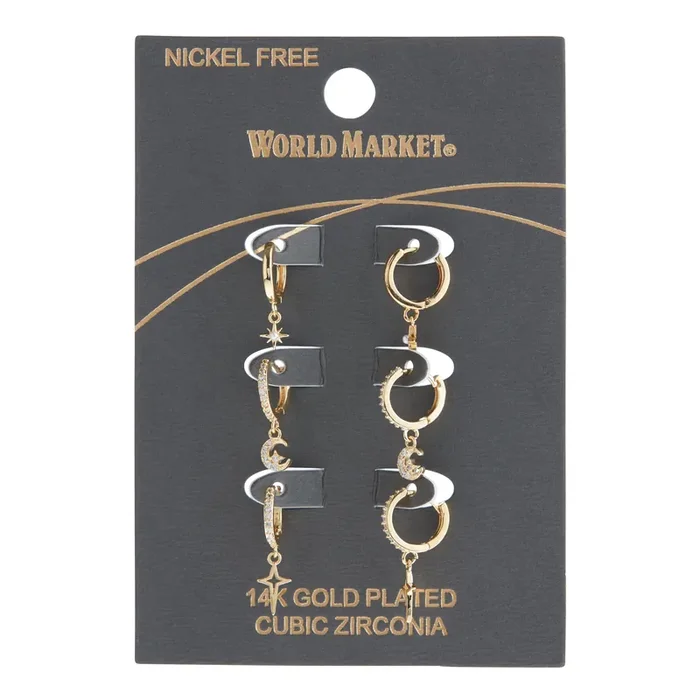 Cubic Zirconia 14k Gold Plated Celestial Earrings 3 Pack