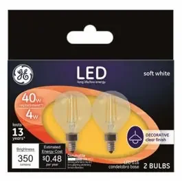 Decorative LED Light Bulbs, Candelabra Base, Soft White, Clear, Dimmable, 350 Lumens, 4-Watts, 2-Pk.