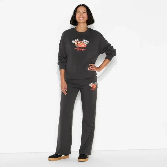 Disney Women‘s Cars Wide Leg Fleece Graphic Pants – Black XS