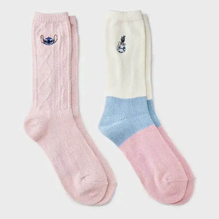 Disney Women‘s Lilo & Stitch Super Soft Embroidered 2pk Crew Socks – Pink/Ivory/Blue 4-10