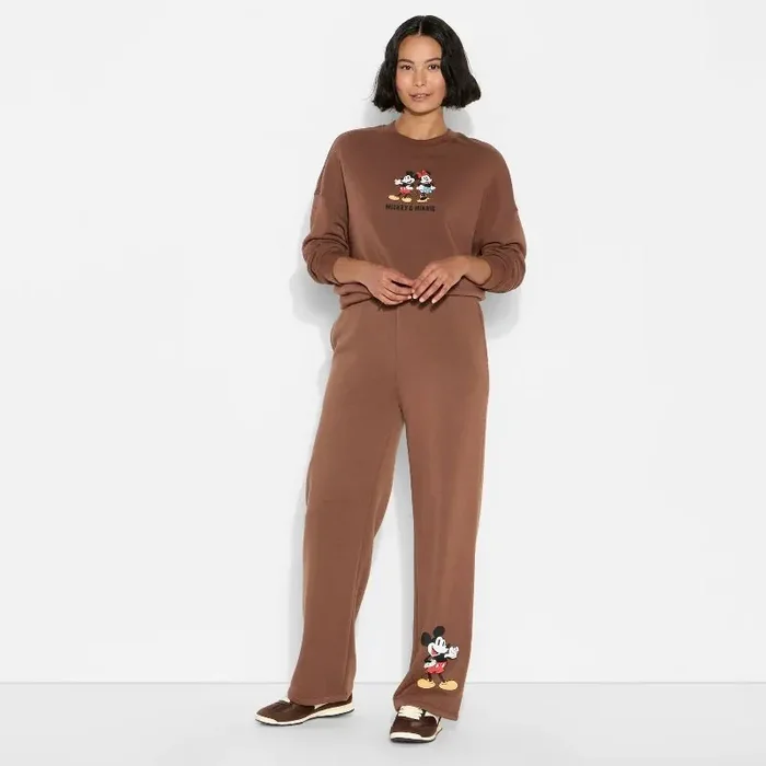 Disney Women‘s Mickey Mouse Wide Leg Fleece Graphic Pants – Brown XS