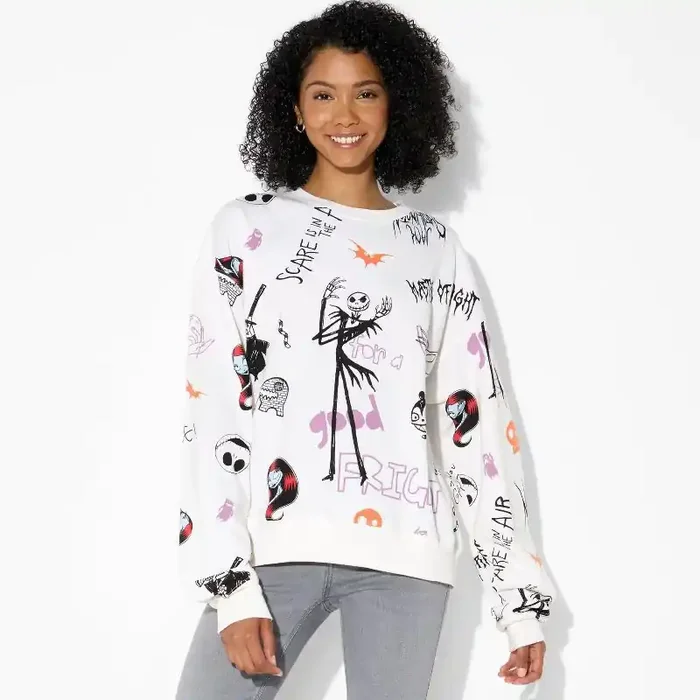 Disney Women‘s Nightmare Scribbles Fleece Graphic Sweatshirt – White XL