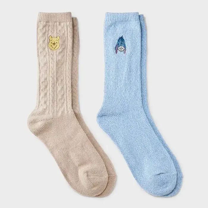 Disney Women‘s Winnie The Pooh Super Soft Embroidered 2pk Crew Socks – Taupe/Blue 4-10