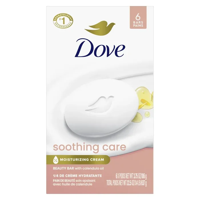 Dove Soothing Care Moisturizing Beauty Bar with Calendula Oil, 3.75 oz, 6 Bars