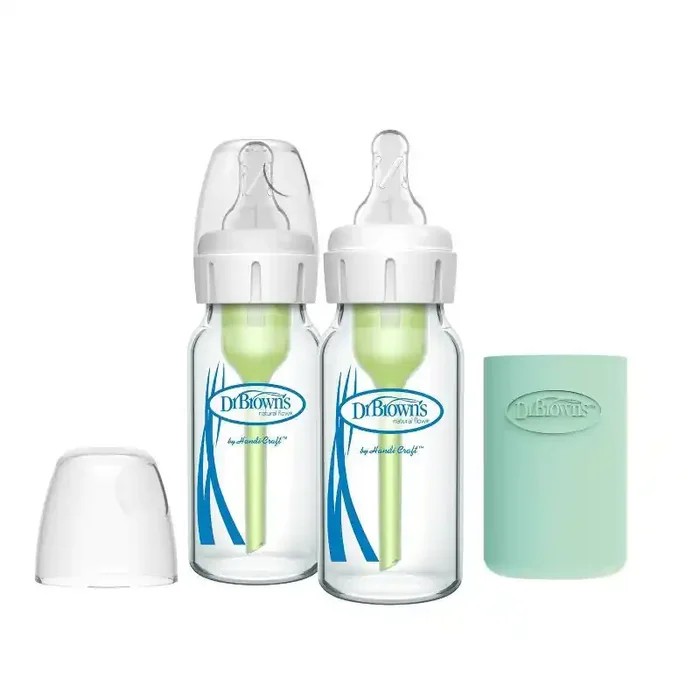 Dr. Brown‘s 4oz Anti-Colic Options+ Narrow Glass Baby Bottle with Level 1 Slow Flow Nipple & Silicone Sleeve – 2pk