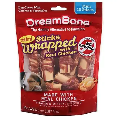 Dreambone Dog Chews No Rawhide Vegetable & Chicken Sticks Mini Chicken Wrapped 15 Count – 6.6 Oz