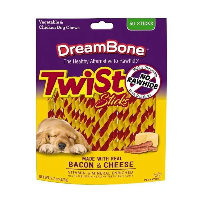 DreamBone Rawhide Free Twist Sticks Bacon & Cheese Dog Treats – 50ct