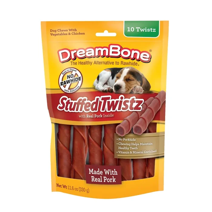 DreamBone Stuffed Twistz 10 Count, Rawhide-Free Chews For Dogs, With Pork-Flavor Chew Inside