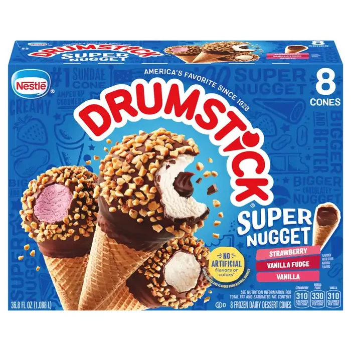 Drumstick Super Nugget Strawberry/Vanilla Fudge/Vanilla Dessert Cones 8 ea