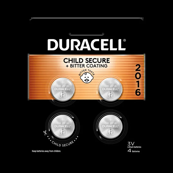 Duracell 2016 3V Lithium Coin Battery, with Bitter Coating, 4 Count Lithium CR2016 Coin Batteries 4 -Pack