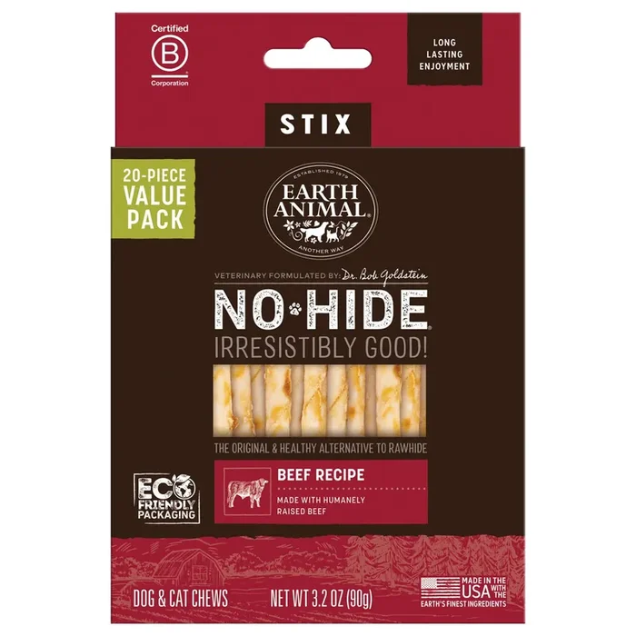 Earth Animal No-Hide Stix Beef Recipe Natural Long-Lasting Rawhide Alternative Dog & Cat Chews, 3.2 oz., Count of 20