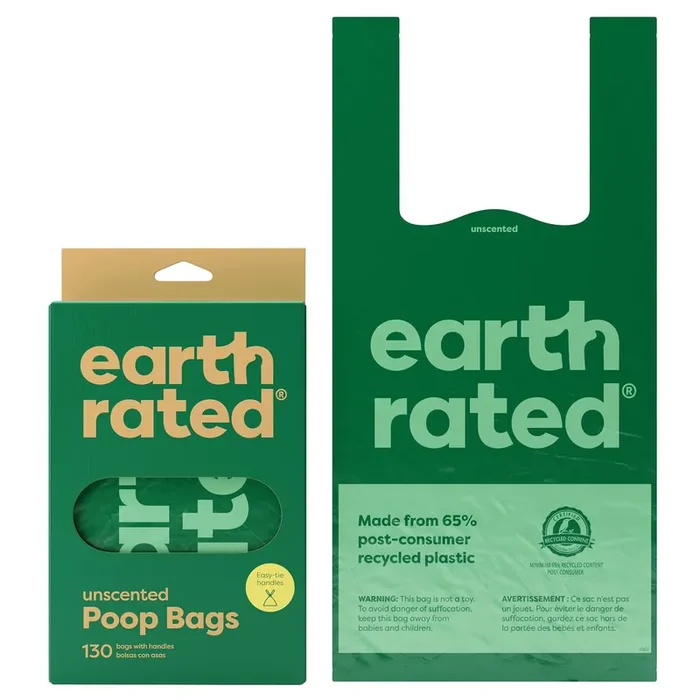 Earth Rated Unscented Easy-Tie Leakproof Dog Poop Bags with Handles, 130 Count