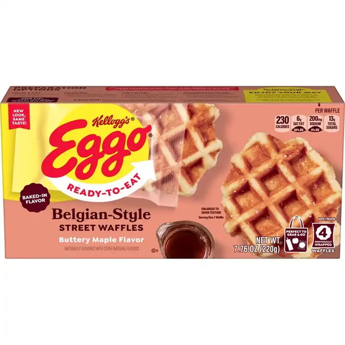 Eggo Frozen Belgian-Style Street Waffles, Frozen Breakfast, Breakfast Food, Buttery Maple Flavor, 7.76oz Box, 4 Waffles