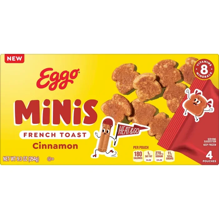 Eggo Minis Frozen French Toast, Frozen Breakfast, Kids Snacks, Cinnamon, 9.3oz Box, 4 Pouches