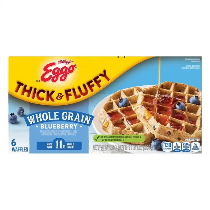 Eggo Thick and Fluffy Frozen Waffles, Frozen Breakfast, Resealable, Blueberry, 11.6oz Box, 6 Waffles