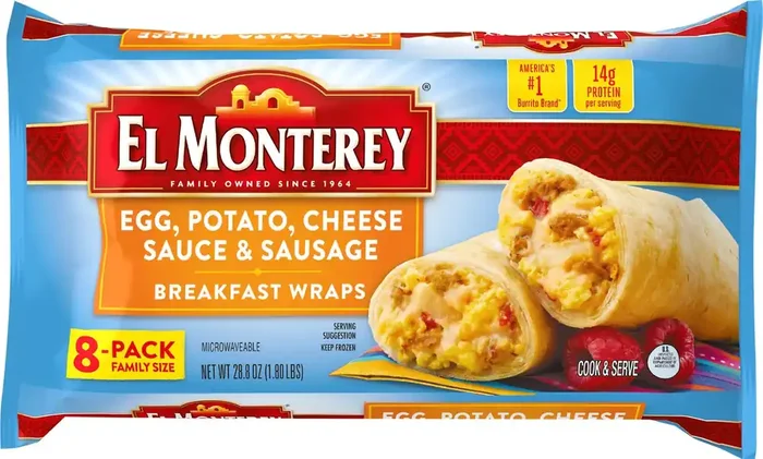 El Monterey Breakfast Wraps, Egg, Potato, Cheese Sauce & Sausage, 8-Pack Family Size