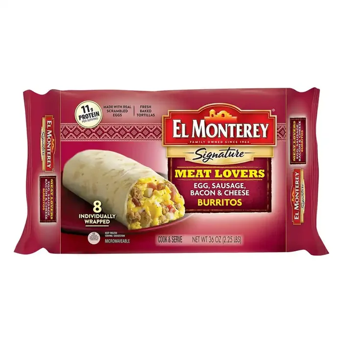 El Monterey Burritos, Egg, Sausage, Bacon & Cheese, Meat Lovers
