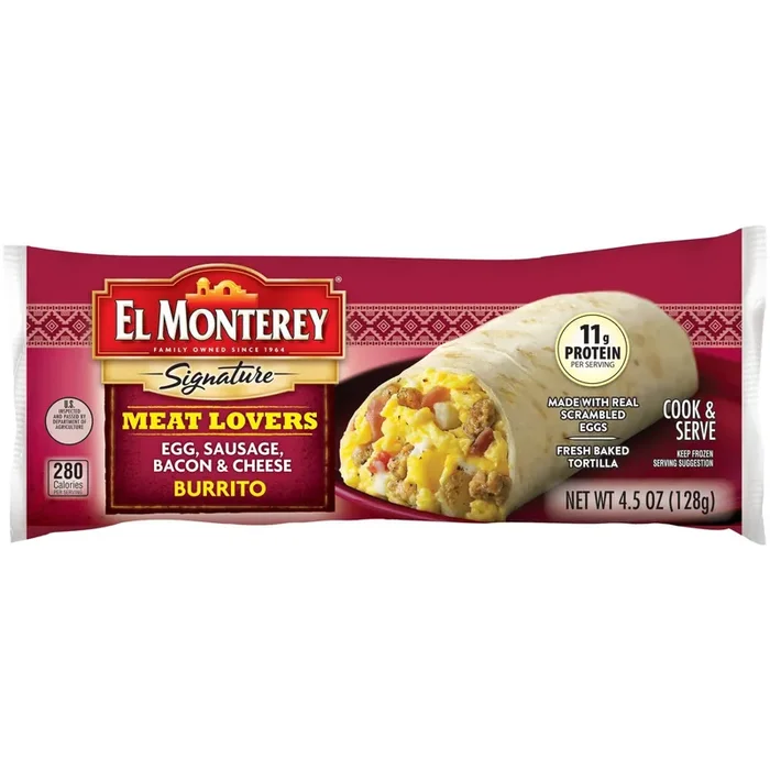 El Monterey Meat Lovers Egg Sausage Bacon and Cheese Frozen Breakfast Burrito