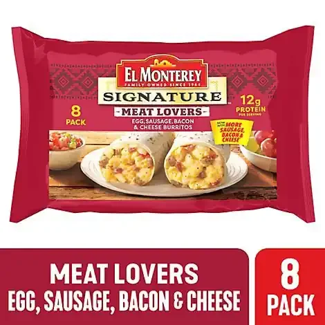 El Monterey Signature Meat Lovers Egg Sausage Bacon & Cheese Breakfast Burritos 8 Count – 36 Oz