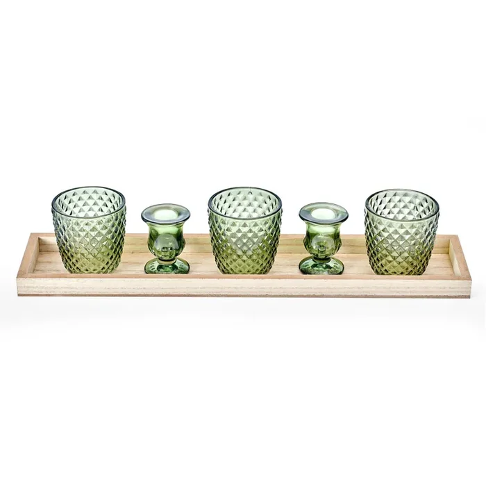 Elements Green Glass Candle Holder Wood 17IN S5