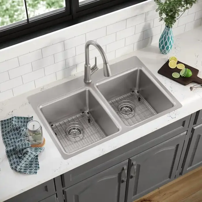 Elkay Greenwood Drop-in or undermount 33-in x 22-in Stainless steel Double equal bowl 18 -Gauge Kitchen Sink