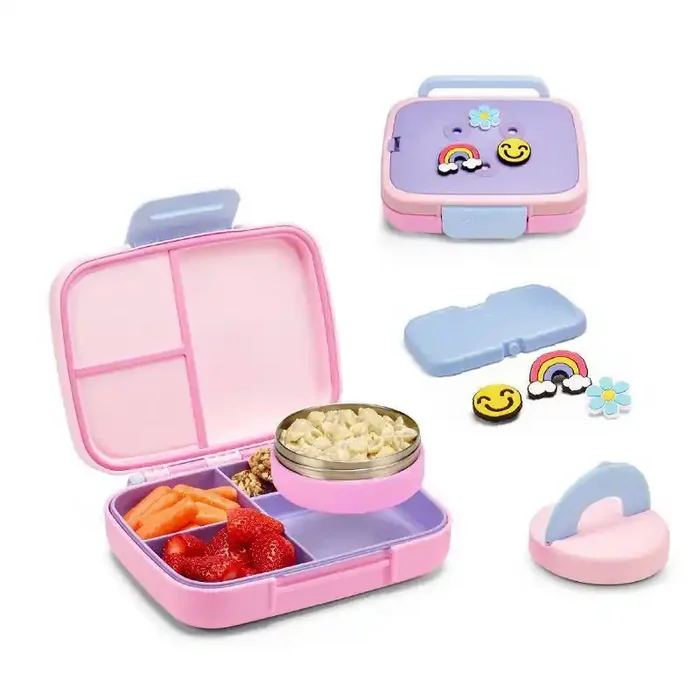 Ello Benni Kids Insulated Bento Lunch Box with Leakproof Thermos, 4 Compartments, Hot/Cold Compatible – Pink Polypropylene & TPE Materials