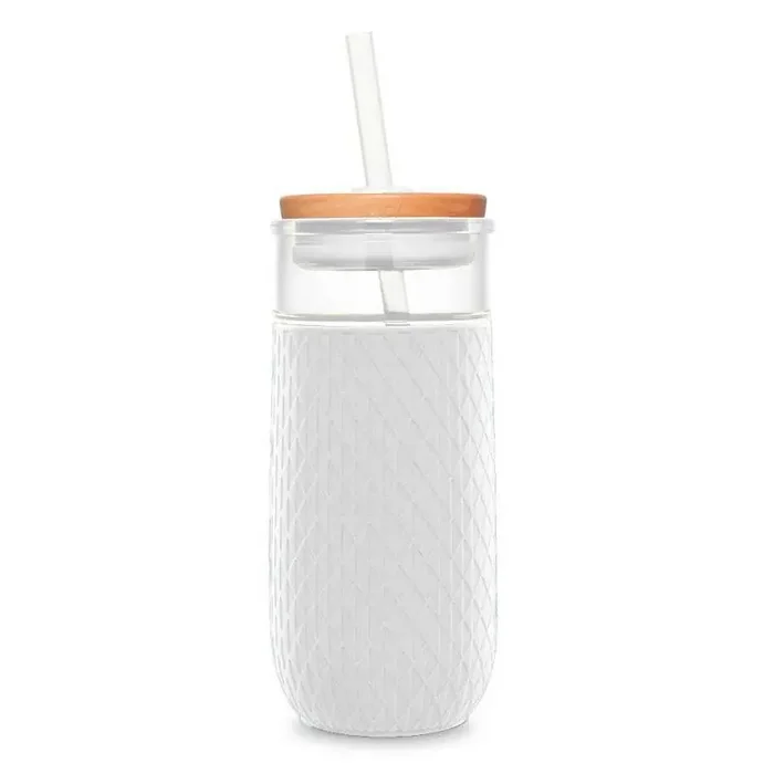 Ello Devon 18oz Glass Tumbler – White Iced Coffee Cup, Glass Tumbler with Lid, Straw, Silicone Grip