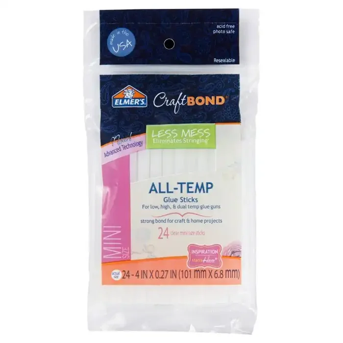 Elmer‘s Craft Bond Mini 24pk Glue Gun Sticks All-Temp Hot Glue Sticks, Dries Clear, 4″ Length, 0.27″ Width