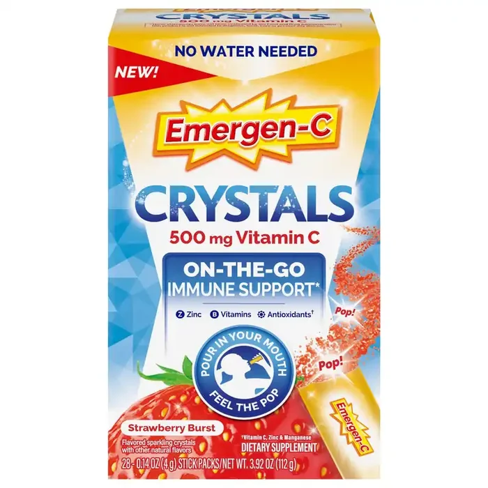 Emergen-C Crystals, On-the-Go Emergen-C Immune Support Supplement, Strawberry Burst, 28 Packs