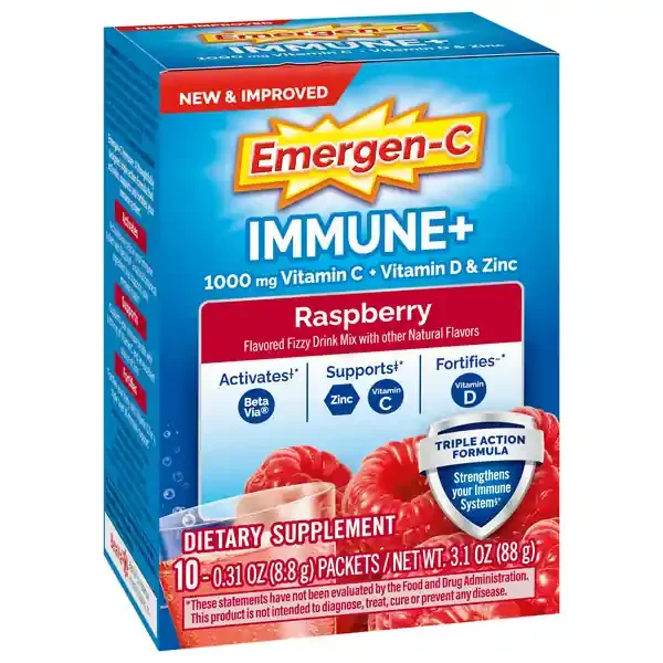 Emergen-C Immune+ Triple Action Immune Support Powder, BetaVia (R), 1000mg Vitamin C, B Vitamins, Vitamin D and Antioxidants, Raspberry – 10 Count