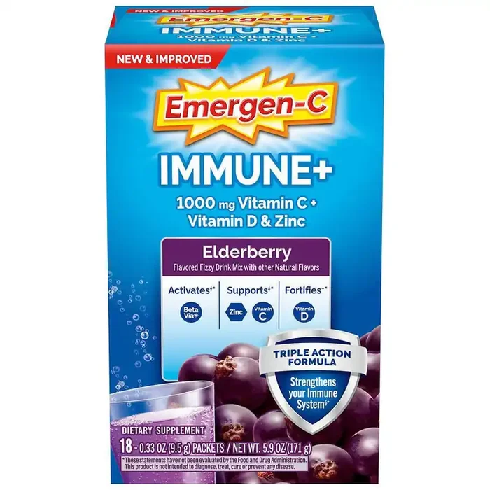 Emergen-C Immune+ Triple Action Vitamin C Powder, BetaVia (R), Elderberry – 18 Count