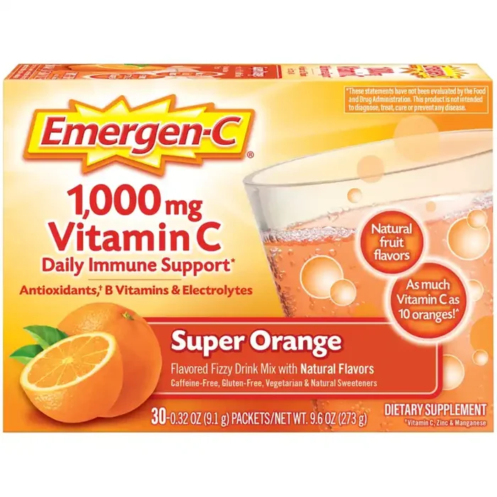 Emergen-C Vitamin C 1000mg Powder (30 Count, Super Orange Flavor, 1 Month Supply), With Antioxidants, B Vitamins and Electrolytes, Dietary Supplement Fizzy Drink Mix, Caffeine Free