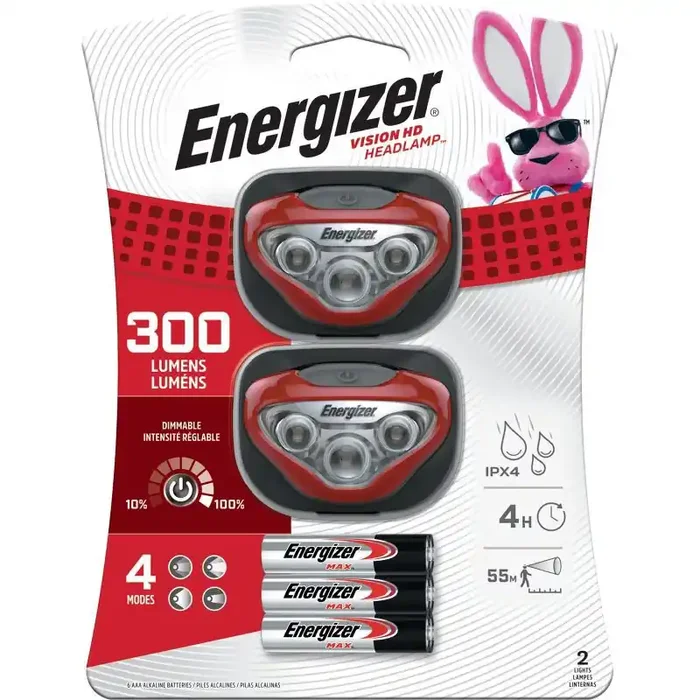 Energizer 2pk 300 Lumen Vision HD Headlamps LED, Impact & Water-Resistant, Dimmable, Battery Included, Camping Flashlight