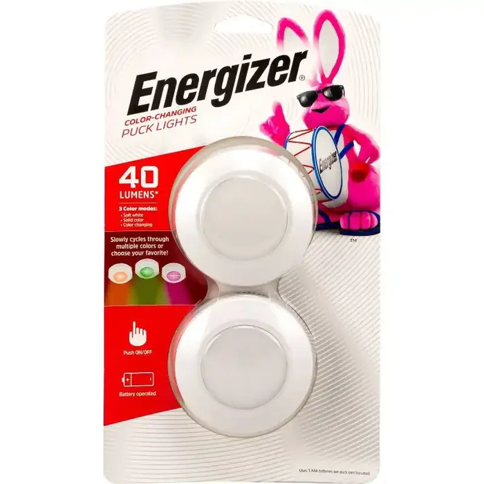 Energizer 2pk 40 Lumens Indoor LED Color Changing Puck Cabinet Lights White Tap & Touch Closet Light, Battery Operated