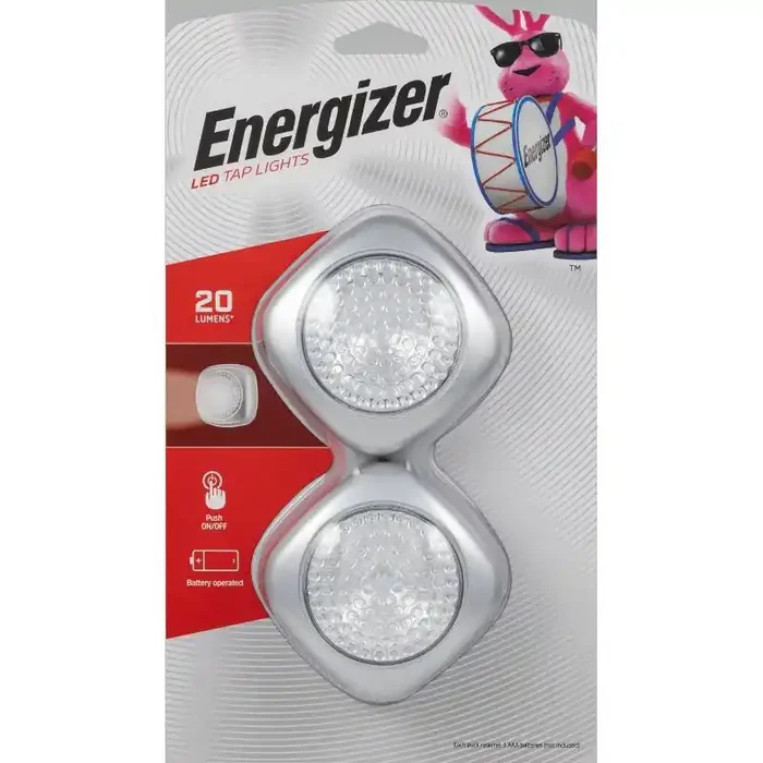 Energizer 2pk LED Tap Cabinet Lights Battery-Powered Puck Light for Closets, Push Button, Silver, 7 Lumens