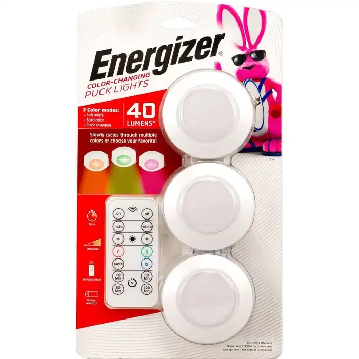 Energizer 3pk 40 Lumen LED Puck Light Wireless Color Changing Cabinet Lights with Remote White Tap & Closet Light