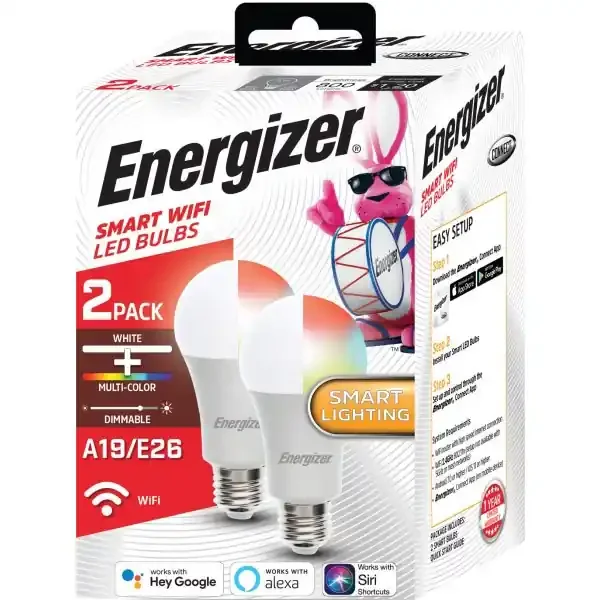 Energizer Connect Smart A19 Led Light Bulbs, White/Multicolor Rgb, Pack Of 2 Bulbs