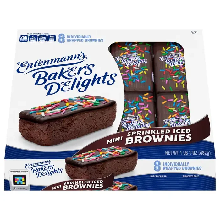 Entenmann‘s Baker‘s Delights Sprinkled Iced Brownies, 8 packs, Chocolate Mini Brownies, 17 oz Box