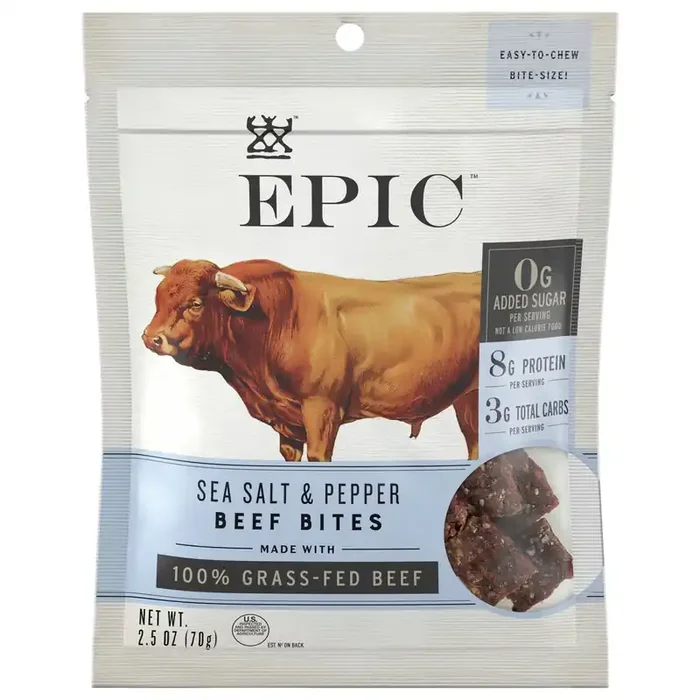 EPIC Beef Sea Salt Pepper Bites, Jerky, Keto Friendly, Whole30, 2.5 oz Pouch