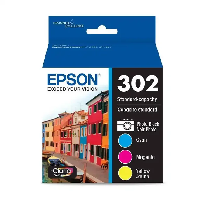 Epson 302 Black, C/M/Y 4pk Ink Cartridges – Black, Cyan, Magenta, Yellow (T302520-CP) Standard Yield, 4 Colors