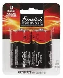 Essential Everyday Batteries, Alkaline, D, 2 Pack