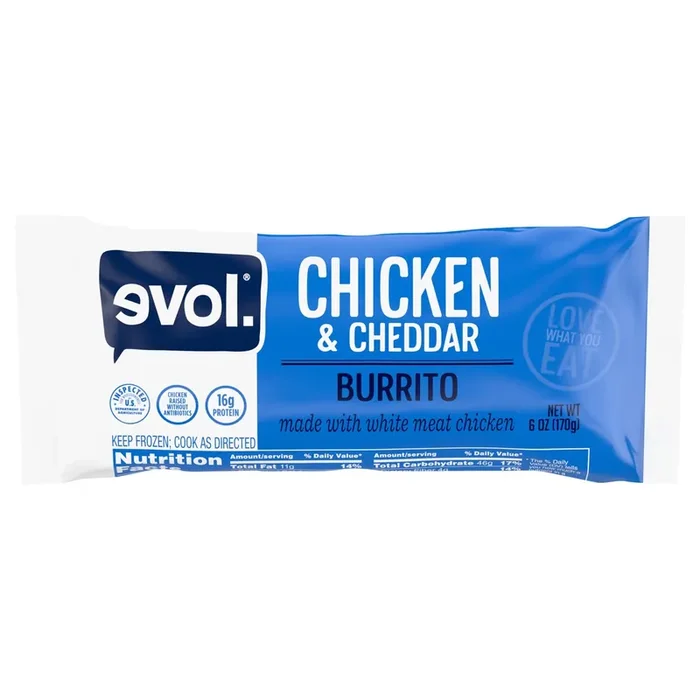 EVOL Evol Chicken and Cheddar Burrito, Frozen Meal, 6 oz.