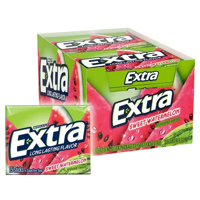 EXTRA Gum Sweet Watermelon Sugarfree Gum Bulk, Individually Wrapped, Long-Lasting Juicy Watermelon Flavor, Perfect for Fresh Breath at School, Work, and Travel 15 Count, Pack of 10