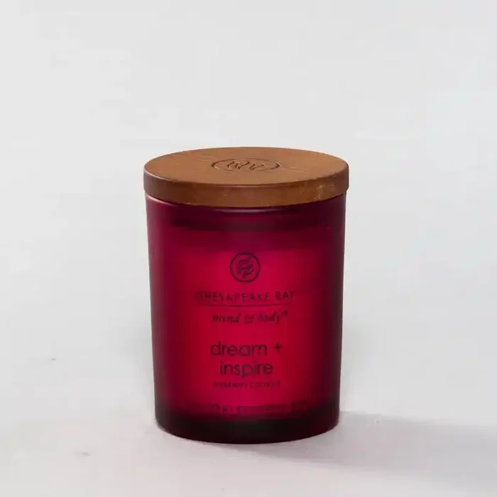 Frosted Glass Dream + Inspire Lidded Jar Candle Burgundy 3.7oz – Mind & Body by Chesapeake Bay Candle Essential Oils, Soy Wax Blend, 24hr Burn
