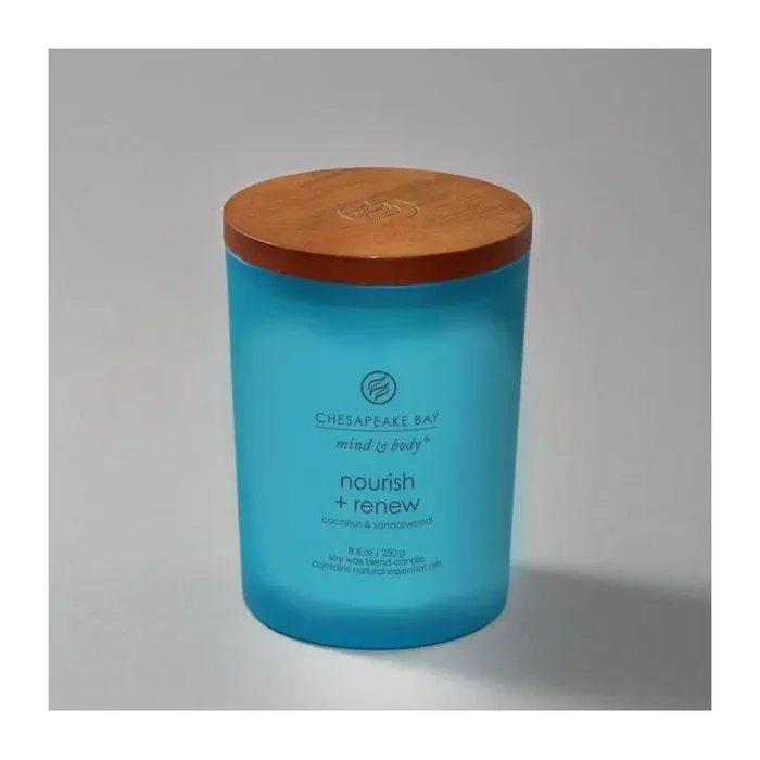 Frosted Glass Nourish + Renew Lidded Jar Candle Light Blue 8.8oz – Mind & Body by Chesapeake Bay Candle Soy Wax Blend, Essential Oils