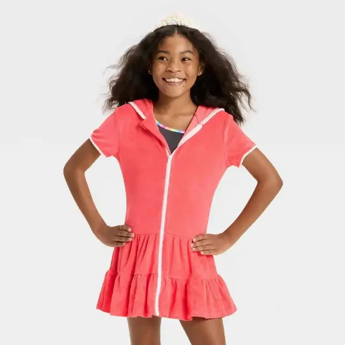 Girls‘ Red Terry Zip-Up Swimsuit Cover Up – Cat & Jack™ Coral Red L