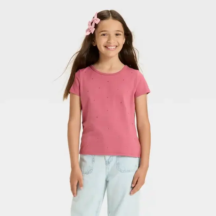 Girls‘ Short Sleeve Fitted Embellished T-Shirt – Cat & Jack™ Pink Rose XS